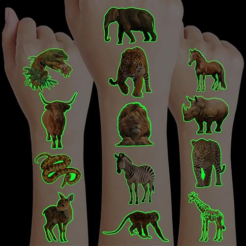 96 PCS Glow In The Dark Realistic Jungle Animal Temporary Tattoos - color: Luminous