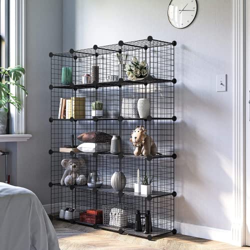 Wire Cube Storage Organizer, 25-Cube Metal Storage Shelves Bookshelf, Stackable Modular Closet Organizer for Bedroom Living Room, Office,Storage Shelves - color: Black Plus Iron, size: 25 Cubes