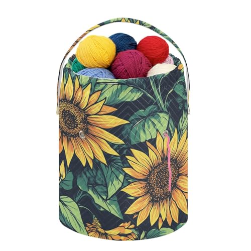 Fustylead Retro Vibrant Yellow Sunflower Large Yarn Storage Tote Basket, Knitting Crochet Drawstring Organizer Bag for Crocheting Project, Yarn Balls, Needles Accessories - color: Blue11 Sunflower