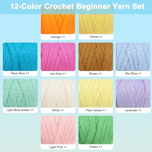 Crochetta Crochet Kit for Beginners Adults - Complete Starter Set with Crochet Hooks, Scissors, Stitch Markers + 12-Colored Yarn 45-50 Yards (20g) per Color - color: 20Gx12