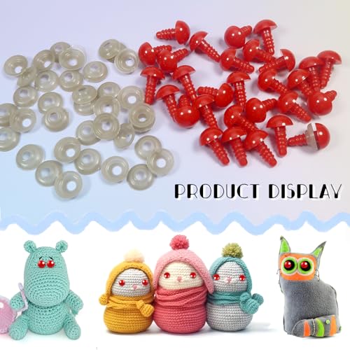 TOAOB 50pcs 12mm Small Safety Eyes for Amigurumis Plastic Crochet Red Eye | Crafts Doll Safety Eyes with Washers, for DIY Crocheting Small Animals Doll, Making Supplies - size: 12mm