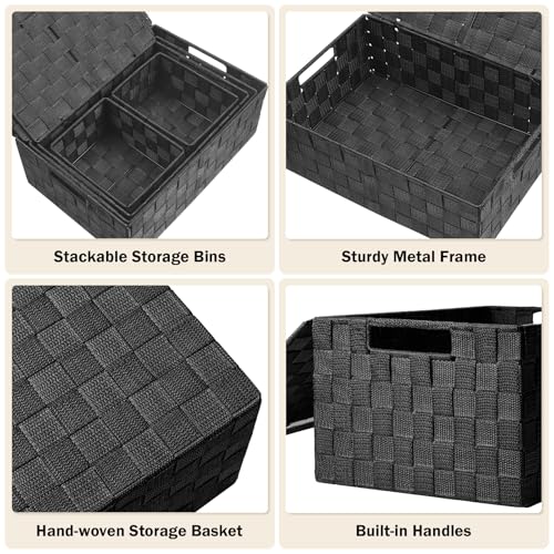 Storage Baskets with Lids: 5 Pack Stackable Woven Storage Bins, Black | Decorative Woven Baskets for Organizing with Built-In Handles for Shelves, Closets, Cabinets and Cubbies, Gift Small Basket - color: Black, size: 5pack with Lids