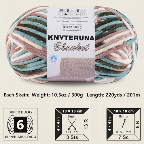#6 Super Bulky Blanket Yarn for Crocheting - 4 Skeins(Each 10.5oz/300g, 220yds/201m), Chunky Chenille Thick Plush Big Soft Yarn for Crocheting Knitting Blankets, Forest & Teal & Coffee - color: Tie Dye Forest & Teal & Coffee