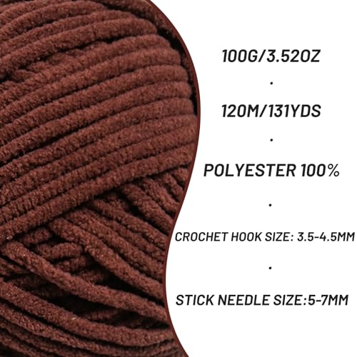 3 Packs Plush Chenille Chunky Crochet Yarn - Baby Yarn for Crocheting Soft - Velvet Yarns Knitting for Blankets Crafts - Fluffy Amigurumi Yarns 300g / 393yd (3 Dark Coffee) - color: 3 Dark Coffee