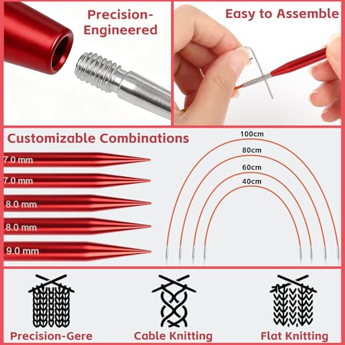 Interchangeable Circular Knitting Needles Set, 13 Pairs (26pcs) Glossy Red Aluminum Knitting Needles Kit, Sizes 3.0mm–10.0mm, Knitting Needle Case & Accessories for Knitting Beginners & Advanced - color: Glossy Red