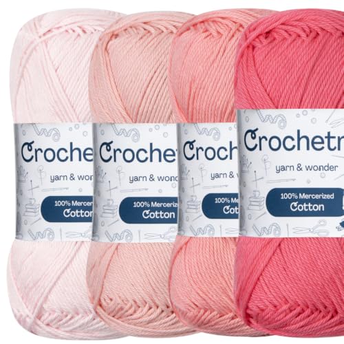 Premium Mercerized Cotton Yarn for Crochet & Knitting – Fingering Weight 4-Ply, 50g (1.76 oz) / 125 m (136 yds), High-Gloss, Anti-Splitting, Fade-Resistant Cotton (Pink Shades) - color: Pink Shades