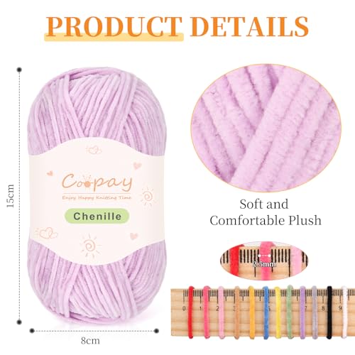 Coopay Skinny Chenille Yarn for Crocheting & Knitting, Purple Gradient | Crochet Yarn Set - 600g Total, Velvet Yarn for Colorful Crafts, Blankets, Plush Dolls, Decorative Handmade Works - color: Purple Tones, size: #2 Thin