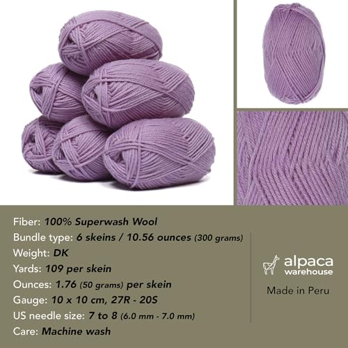 100% Superwash Wool Yarn 6 Skeins 300g DK Weight Knitting Crochet D. Lilac | Sourced from Peru for breathable warmth and 654yd total length per 300g pack ideal for soft baby garments hats and sweaters - color: Dreamy Lilac