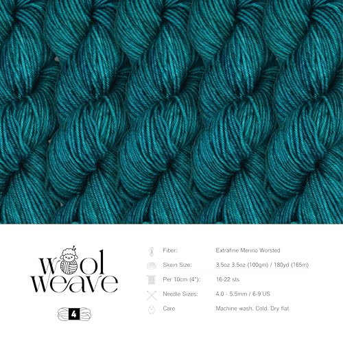 Woolweave Worsted Weight Yarn - 100% Extrafine Merino Wool Yarn for Knitting & Crocheting - Hand Dyed, Ultra-Soft & Warm - 100g Skein, 180 Yards - Machine Washable - color: Peacock Green