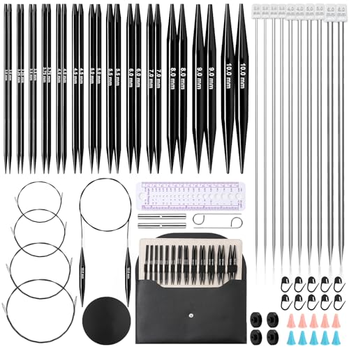 13 Pairs Interchangeable Knitting Needles Set with 4 Flexible Cables | Portable Circular Knitting Needles, 3-10 mm Smooth Aluminum Knitting Needle Kit for Beginner Projects Travel Home Knitting - color: Black