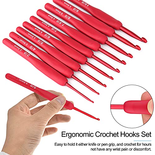 Coopay Red Crochet Hooks, Soft Crochet Hook Set for Arthritic Hands | 9pcs 2.0-6.0mm Soft Touch Crochet Needles Ergonomic Soft Grips for Beginners/Professionals, Exquisite Crocheter Gifts - color: Red