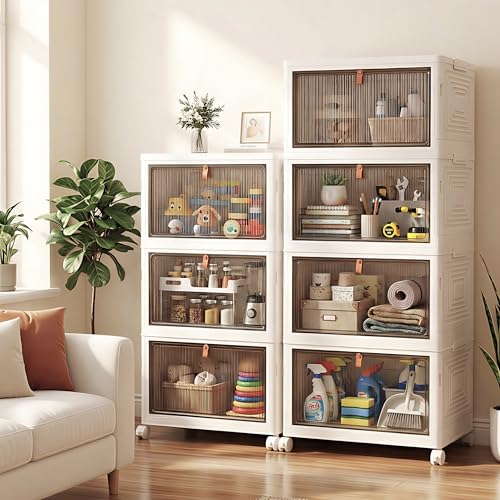 LDQ 136Qt Large Storage Bins with Lids, 4 Tier Stackable Storage Cabinet with Wheels & Clear Doors, Foldable Plastic Closet Organizer for Bedroom, Bathroom & Kitchen - size: 4 layers
