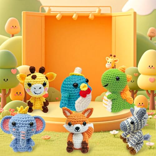 Asopetch 6Pcs Crochet Kit for Beginners, DIY Craft for Adults and Kids, Great Gife for Crochet Lovers, Crocheting Animal Kits with Step by Step Videos,Yarn,Crochet Hook,Birthday, Holiday Gift