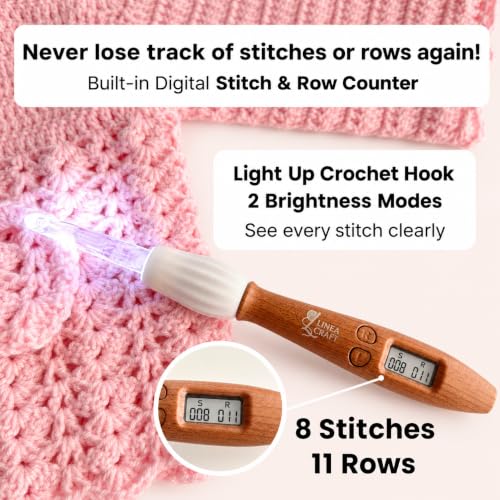 LineaCraft Counting Crochet Hook Set with Light & Counter – 18 Sizes Interchangeable Hooks Kit for Beginners, Light up, Digital Stitch & Row Counter, Ergonomic for Arthritic Hands – Crochet Gift