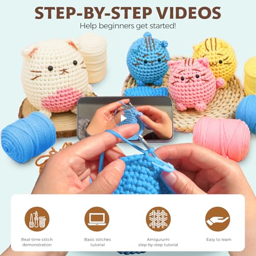 Crochet Kit for Beginners - Learn to Crochet 4 Adorable Cat Amigurumi with Step-by-Step Video Tutorial and Easy Peasy Yarn, Complete Starter Kit for Adults Kids, DIY Craft Gift for Birthday Christmas - color: Cat Family