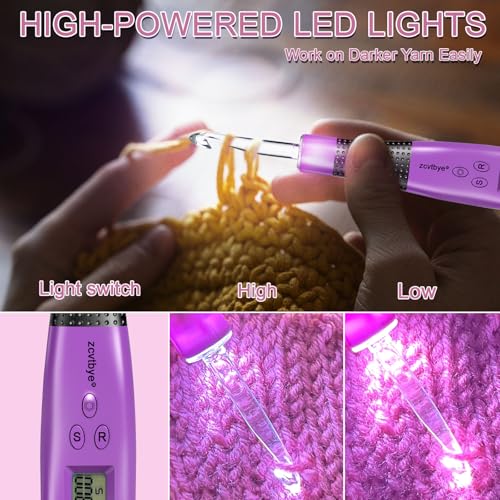 Counting Crochet Hook Set, Light Up Crochet Hooks with Ergonomic Handle, 24 Size Interchangeable Crochet Hooks Kit with Digital Counter, Crochet Hooks for Arthritic Hands, Gift for Beginners - size: 24 Crochet Hook - Purple