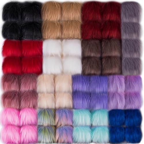 SIQUK 60 Pcs Faux Fur Pom Pom for Hats Fluffy Fox Pom Pom with Elastic Loop | Pom Pom Balls for Knitting Hats Beanies Scarves Gloves Keychains Bags（15 Colors, 4 Pcs/Color） - color: Bright Color