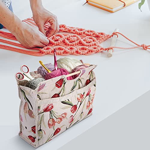 Knitting Tote Bag,Exquisite Practical Wood Handle Woven Fabric Storage Bag for Knitting Needles Sewing Tools(Red Flower) - color: Red Flower