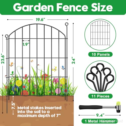 Decorative Garden Fence 24in (H) x16ft (L),Arched Rustproof Metal No Dig | Small Fence for Dogs & Rabbit,Ornamental Animal Barrier for Flower Beds,Border Panels Fencing for Yard & Patio Outdoor Decor - size: 10 Panels-24in(H) x 16ft(L) without Gate