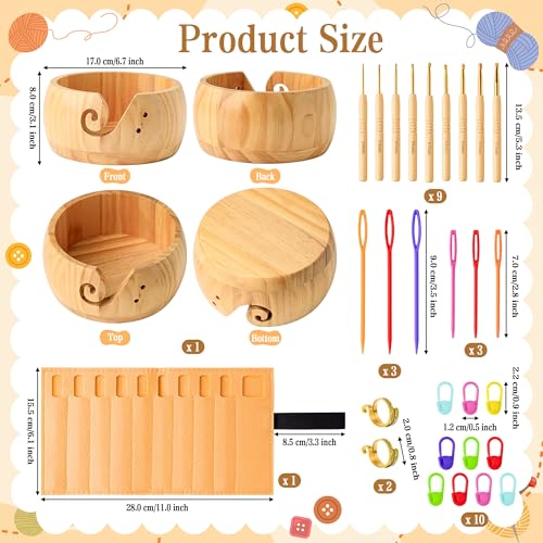 WATINC Wooden Yarn Bowl Holder Set - Large Crochet Yarn Storage Bowls with 9pcs Metal Knitting Hooks, Adjustable Loop Ring Stitch Markers with Box Crochet Gifts for Knitters Crocheters (Natural) - color: Natural
