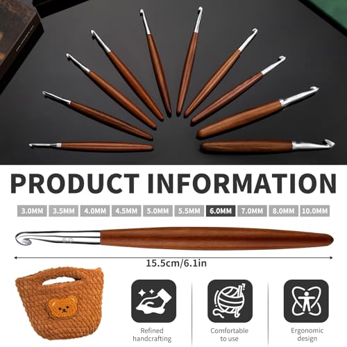 Lunarm Crochet Hook 6.0mm Ergonomic Crochet Aluminum Hook Wood Handle | Available in 3mm-10mm for Arthritic Hands DIY Craft Knitting Bouquets, Blankets, Hats, Gloves from Various Yarns - size: 6.0mm