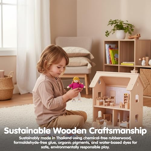 PlanToys® Mother Dollhouse Wooden Figurine Poseable 1:12 Scale 5-Inch Doll | mom character, doll house people accessories, bendable arms, kids pretend play, girls storytelling gift ages 3+ for boys - color: Caucasian Mom