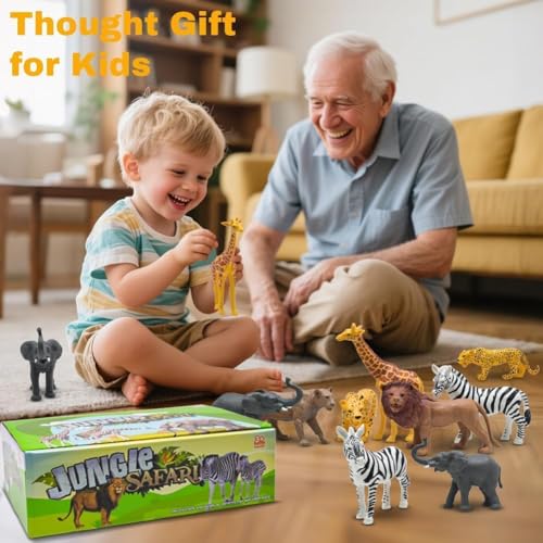 Safari Animals Figures, Plastic Zoo Animals Toys for Toddlers 1-3, Realistic Jungle Animal Figurines for Kids 3-5, 12Pcs Wild African Toys Birthday Gifts Boys Girls