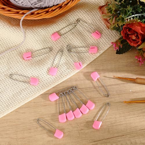 WILLBOND 100 Pcs Large Safety Pins for Clothes,with Bag, Pink | Plastic Head with Locking Closures, Heavy Duty Nappy Pins Hooks, 2.2 Inch Fasteners, Stainless Steel, Velvet Bag - color: Pink