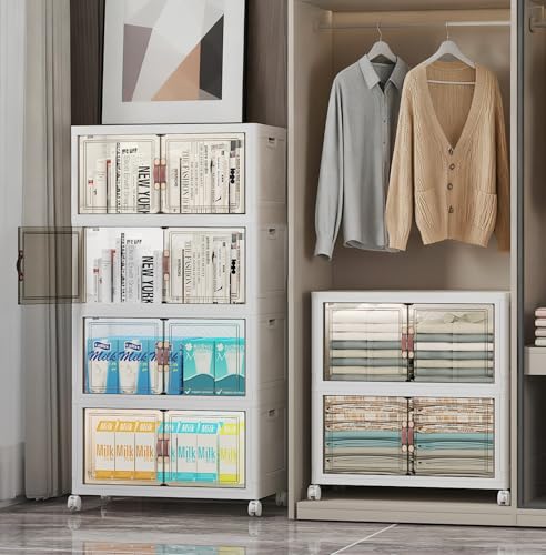 UAMFURI Stackable Storage Bins, 312QT Collapsible Drawers with 2 Lids | Large Capacity, Magnetic Door, Stack Lock, Rolling Wheels, Foldable Design, Organizers and Storage for Bedroom Dorm Garage - color: White-52qt, size: 6Pack with 2 top lids