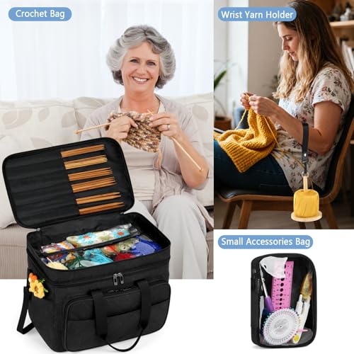 Crochet Organizer Bag with Yarn Holder, Large Yarn Storage for Accessories | 3PCS Crochet Knitting Bag with Accessory Pouch for Hooks, Needles, Travel Tote, Crochet Lovers, Gift for Crafters, No-Tangle - color: Black