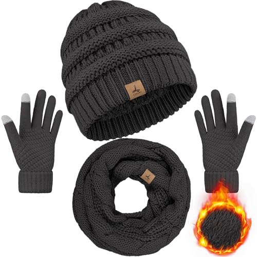 LOROME Winter Beanie Hat Scarf Gloves, Warm Fleece Knit Neck Scarf Set Gift | Hats Gloves Scarf Set, Touchscreen Gloves, Universal Size Neck Scarf Set Winter Gifts for Unisex Adult Winter Wear - color: Dark Gray