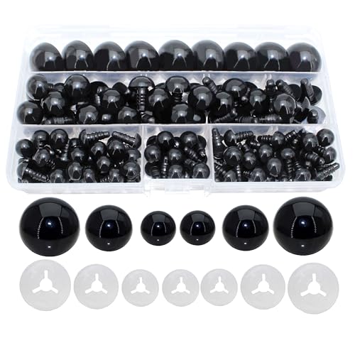 Thalinfayi 200pcs 10/15/24mm Safety Eyes and Washers for Amigurumi Crochet | Black Plastic Crochet Craft Eyes for Stuffed Plush Animals, Crafts, Crochet Doll DIY Making Supplies ; Neatly Sorted by Size - color: Black