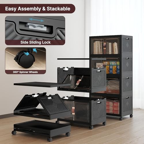 UAMFURI Stackable Storage Bins with Lids, 192QT Lockable Storage Cabinet | Folding Storage Box with Doors and Wheels, Collapsible Plastic Drawers for Home, Garage, Office - color: Black, size: Medium