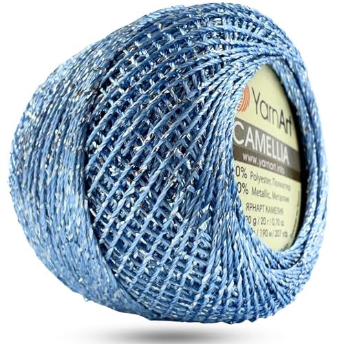 Yarnart Camellia Metallic Shimmer Fine Yarn - 70% Polyester, 30% Metallic, 192m, 20g, Crochet Thread, Lace, Embroidery, Jewelry Making, and Decorative Craft Yarn, 1.25mm Hook (Blue, 20g Skein) - color: Blue, size: 20g Skein