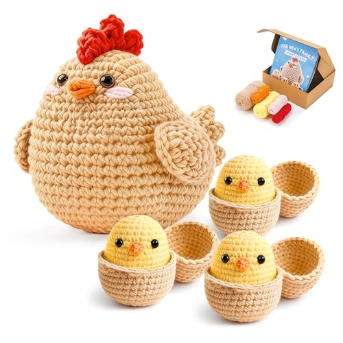 Joyclub Crochet Kit for Beginners 4 Chicken Family with Video for Adults | Amigurumi crochet with video guidance support first projects crochet Starter; a playful DIY gift for adult kitting learners - color: Crochet Chicken
