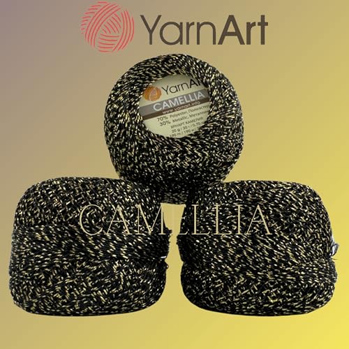 Yarnart Camellia Metallic Shimmer Fine Yarn - 70% Polyester, 30% Metallic, 192m, 20g, Crochet Thread, Lace, Embroidery, Jewelry Making, and Decorative Craft Yarn, 1.25mm (Midnight Gold, 20g Skein) - color: Midnight Gold, size: 20g Skein