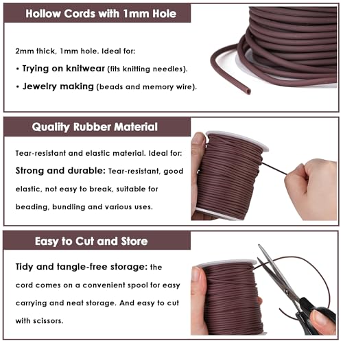 Hollow Rubber Tube Cord 54 Yards 2mm Brown Stitch Keeper with 1mm Hole | Tubing Knitting Barber Cord Rubber Saver Hollow Rubber Pipe with Spool for Knitting Projects Jewelry Making Bead Creations - color: Brown