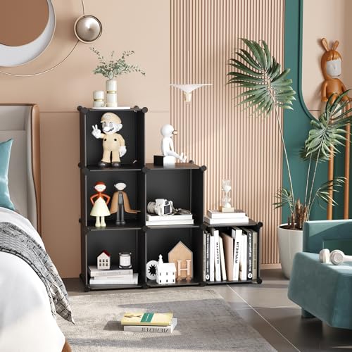 C&AHOME 6-Cube Storage Organizer Cube Shelf Closet Storage Bookcase, Black | Stackable Cubby Storage, Bookshelf, Portable Plastic Storage Closet Organizer, DIY Modular Shelving Units for Home, Wardrobe - color: Black