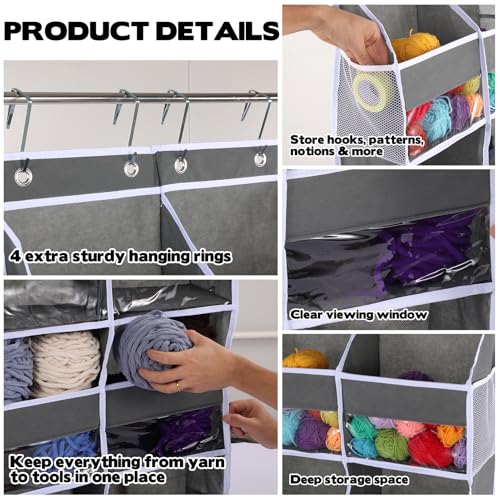Over Door Yarn Storage Organizer Oxford Cloth Hanging Yarn Storage Organizer with 10 Deep Clear Pockets & 10 Mesh Side Pockets Extra Large Behind Door Storage for Crochet Accessories Knitting Supplies