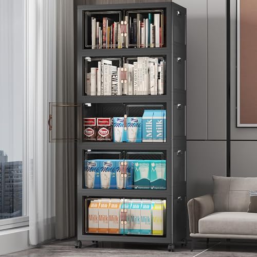 UAMFURI Stackable Storage Bins, 275QT Collapsible Drawers with 1 Lid | Large Capacity, Magnetic Door, Stack Lock, Rolling Wheels, Foldable Design, Organizers and Storage for Bedroom Dorm Garage - color: Dark-55qt, size: 5Pack with 1 top lid