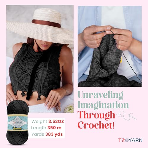 TROYARN Summer (4- Skeins Pack) Silk Effect Hand Knitting Yarn Crochet Art Lace Craft 100% Microfiber Acrylic 4x100 gr (4x383 yds) (105060 - Black) - color: 105060 - Black, size: 4 Skein