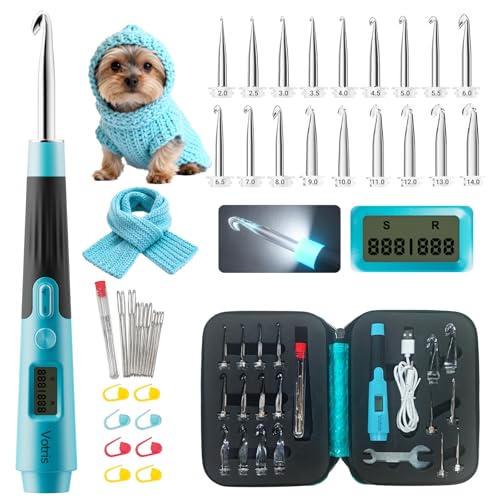 Votris 18 in 1 Counting Crochet Hooks, Light up Crochet Hook Set | Digital Stitch Counter 2.0-14.0mm, Rechargeable & Interchangeable Heads Lighted Crochet Hook, Ergonomic Handles for Beginner - color: Aurora Blue with Counter