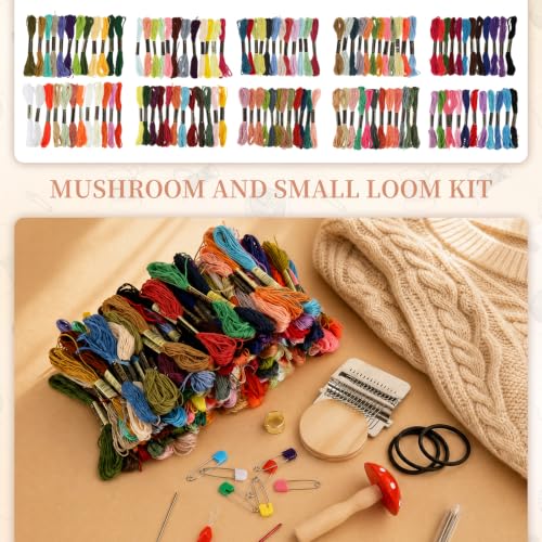 Premium Knit Patch Mending Kit - 14-Hook Darning Loom with Cute Darning Mushroom, 120 Colors Embroidery Floss, Full Repair Tools,Jeans, Clothes, DIY Weaving for Beginners
