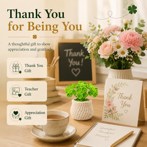 Handmade Crochet Plant Four Leaf Clover Flower Pot for Thank You | A heartfelt handmade gift that brings happiness, friendship, and warm wishes. Perfect for mom, friend, and thinking of you. - color: Clover-white Pot