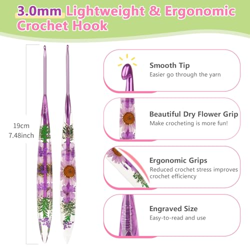Katech 3.0mm Crochet Hook for Arthritic Hands, Long Aluminum Inline Hooks | Ergonomic Crochet Hooks with Dried Floral Grip-Elegant & Unique, Smooth Crochet Needle-Crochet Gift for Beginner&Crocheter - size: 3.0mm