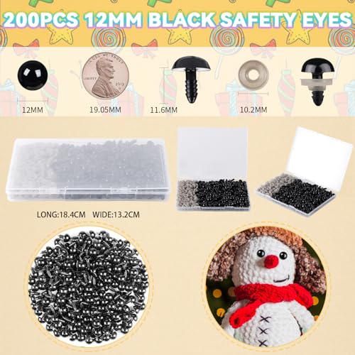 MUCUNNIA 400pcs 12mm Safety Eyes for Amigurumi with Washers Plastic Black Safety Eyes for Crochet Craft Safety Eyes for DIY Halloween Decorations Crochet Stuffed Animals Crafting Christmas Decorations - size: 12mm