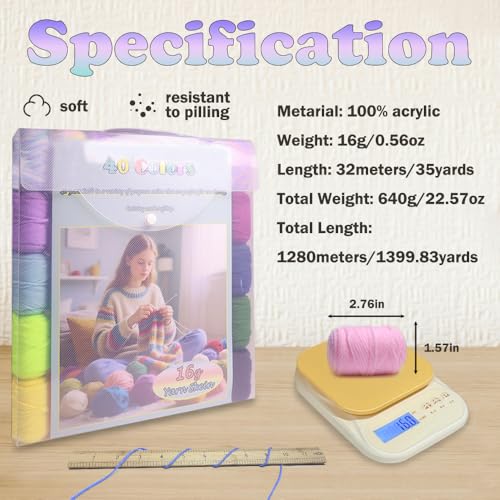 Lewhoo 40 Colors Crochet Yarn Kits, 1399 Yards Acrylic Yarn | Beginner Crochet Kit with 4.0mm Ergonomic Crochet Hooks for Knitting - color: multicolored 2