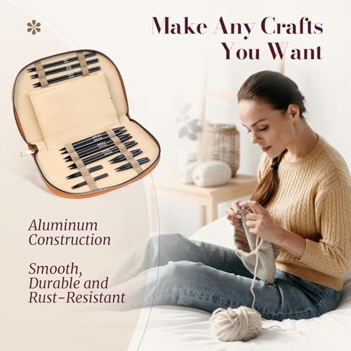 Yarniss 15 Pairs Interchangeable Circular Knitting Needle Combo with Case | 4.5-Inch Round Aluminum Knitting Needle 3.0~8.0mm & 2.16-Inch Shorties Needles US Size 2.5-10 - color: Brown