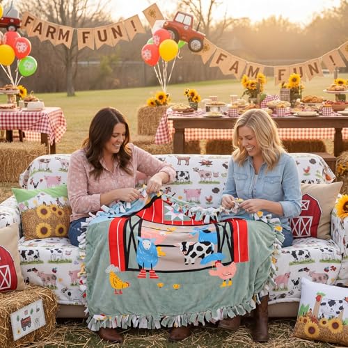Chumia 2 Pcs/1 Set Farm Animal DIY Tie Throw Blankets Farm Party Fleece No Sew Blanket Craft Kit 57 x 57 Inch Make Your Own Farmhouse Animals Blanket Farmhouse Animals Party Gifts for Bed Couch - style: Farm Animal