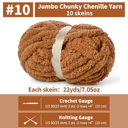 10 Pack of Light Coffee Soft Jumbo Chunky Yarn for Hand Knitting,Thick Blanket Yarn for Crocheting, #10 Super Bulky Yarns, 220yds/70.5oz Fluffy Chunky Chenille Yarns for Crocheting. - color: Light Coffee